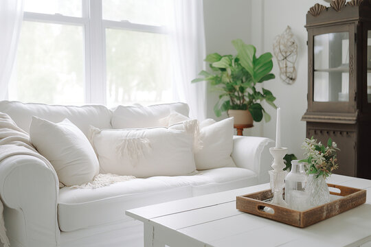 Closeup of sofa in boho white cottage style living room