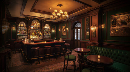 Fototapeta na wymiar Vintage bar interior with bar counter and chairs, Generative ai