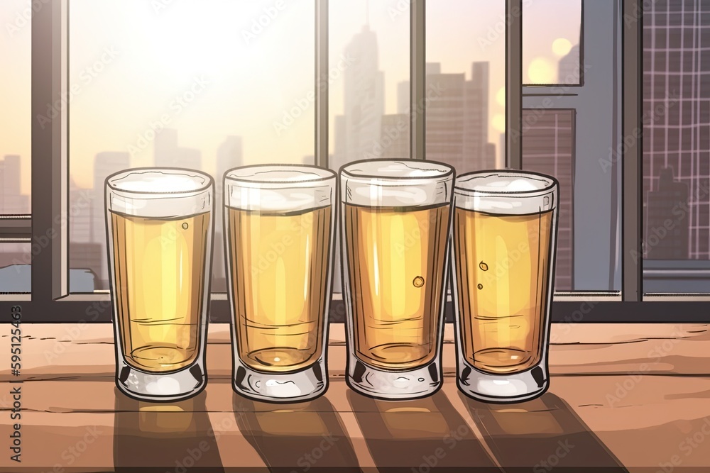 Poster four glasses of beer on a table with a scenic view outside the window. generative ai