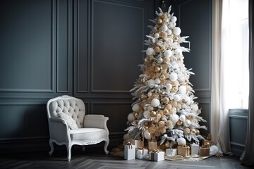 luxury Christmas tree ornamented with bauble, generative AI