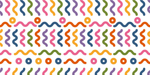 Fun colorful geometric doodles. Seamless baby pattern. Modern abstract background in 90s style for parties.