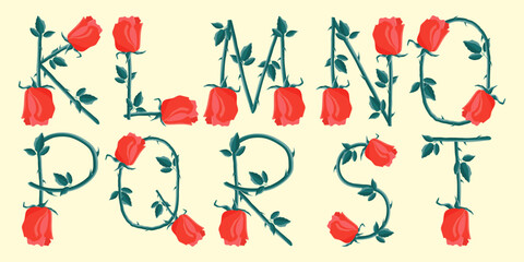 Decorative capital letters K-T made of red roses. Abstract English alphabet. Vector illustration.