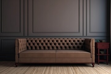 cozy brown leather couch in a dimly lit room. Generative AI