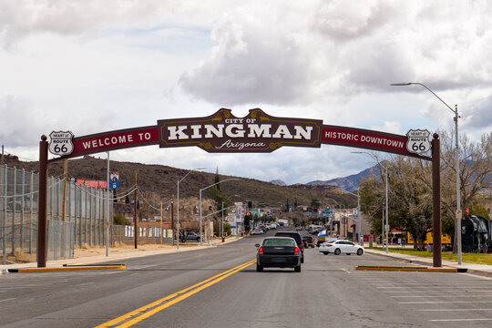 Kingman, AZ - March 11, 2023: Welcome to Kingman archway over the road as you enter town. Kingman is known as the heart of Historic Route 66.