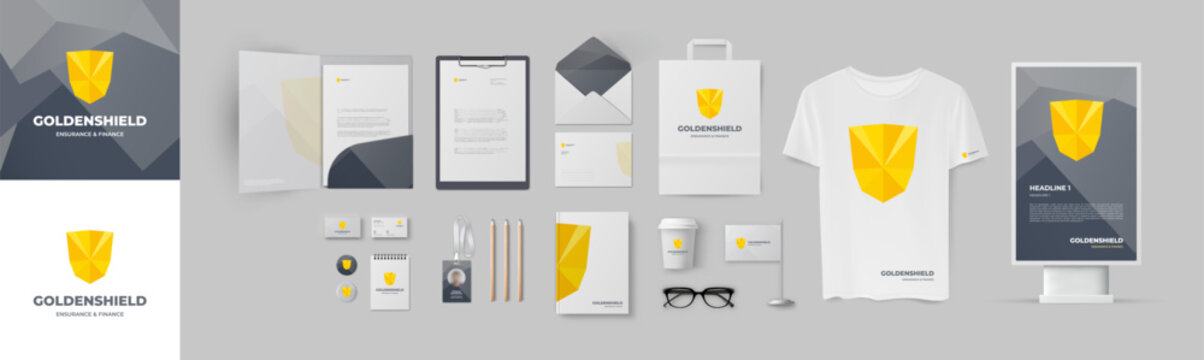Golden shiled logo corporate identity template design with folder and business card. Business stationery
