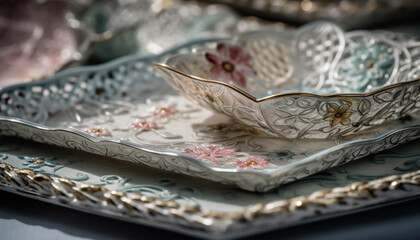 Ornate antique crockery collection adorns elegant table ting generated by AI