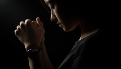 Obraz premium Young woman meditating in solitude, praying for love generated by AI