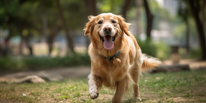 A friendly golden retriever happily wagging its tail while playing fetch in the park, concept of Canine enthusiasm, created with Generative AI technology