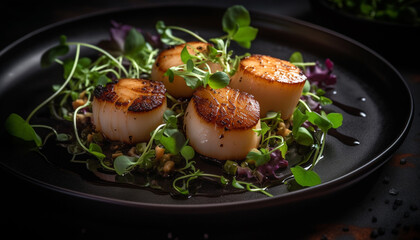 Grilled seafood fillet on fresh vegetable salad generated by AI