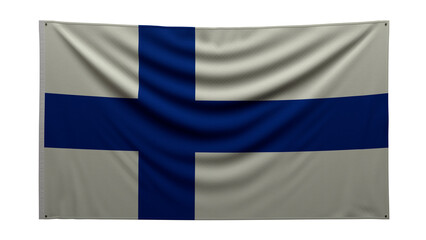 Textured flag. The flag of Finland hangs on the wall. Texture of dense fabric. The flag is pinned to the wall. Finnish flag on a transparent background.