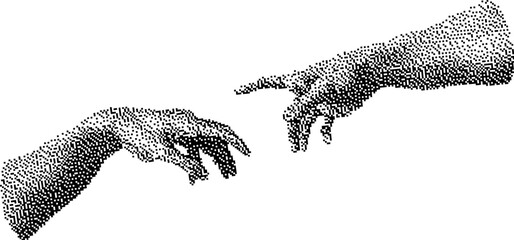 Pixel art, collage hands reaching out in touch, creation scene. Retro pop art magazine cutout shape in dotted style, human arm dithered texture. © Tatiana