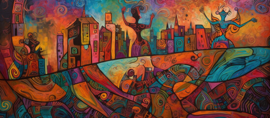 Obraz na płótnie Canvas African woman dancing in the streets of a city, colorful painting, generative ai illustration