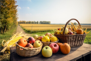 Generative ai. Basket of apples and corn on harvest table with field and sky background.