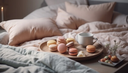 Fototapeta na wymiar Comfortable bed, French croissant, coffee, sweet dessert generated by AI