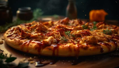 Foto op Plexiglas Freshly baked pizza on rustic wooden table generated by AI © Stockgiu