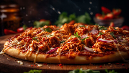 Freshly baked gourmet pizza on rustic wood table generated by AI