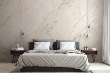 luxurious bedroom with a marbled wall and a comfortable bed. Generative AI