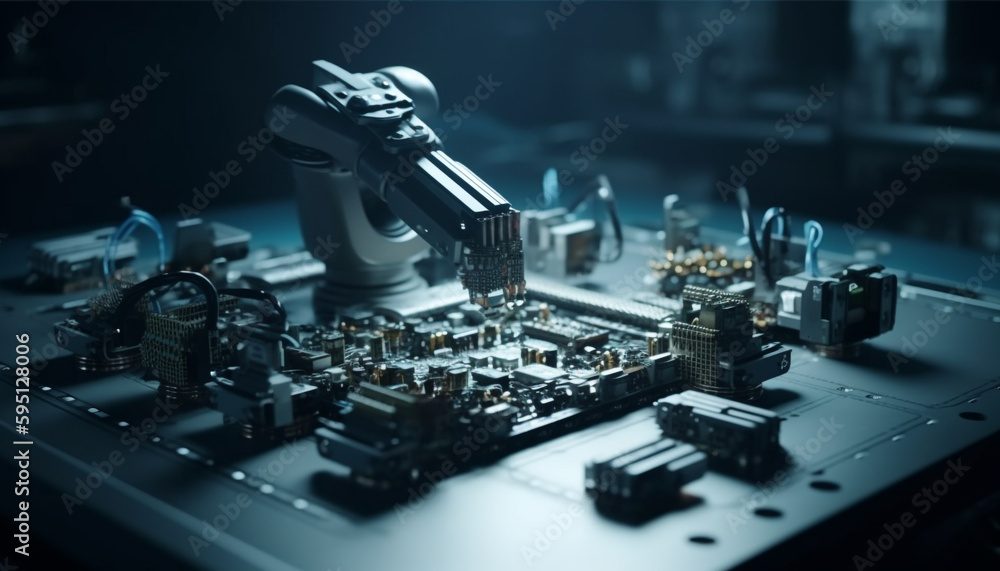 Poster robotic arm connects computer chip on motherboard generated by ai
