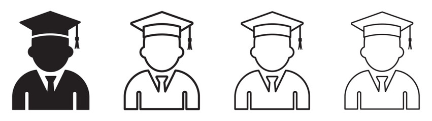 Set of student's icons. Graduate icon, graduated student symbol. Graduate student boy in square hat or graduation academic wear. Vector illustration.