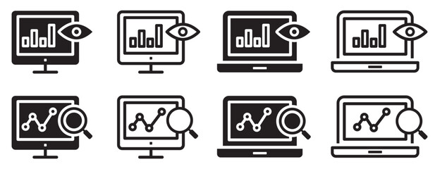 Set of monitoring icons. Research, business, marketing, strategy, search engine optimization. Analysis, growth, chart. Vector.