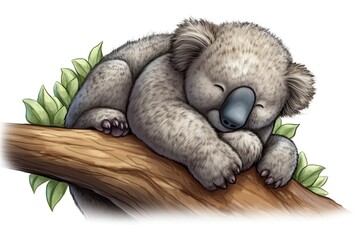 cute koala napping on a tree branch in the Australian wilderness. Generative AI