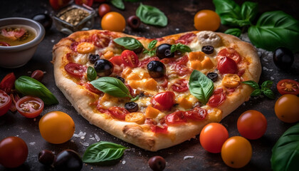 Freshly baked pizza with mozzarella and herbs generated by AI