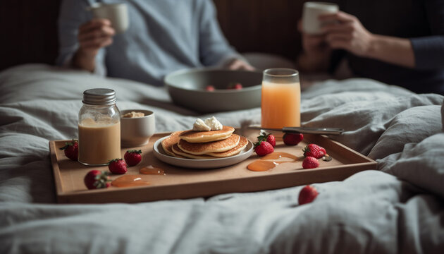 Happy couple enjoys breakfast in cozy bedroom generated by AI
