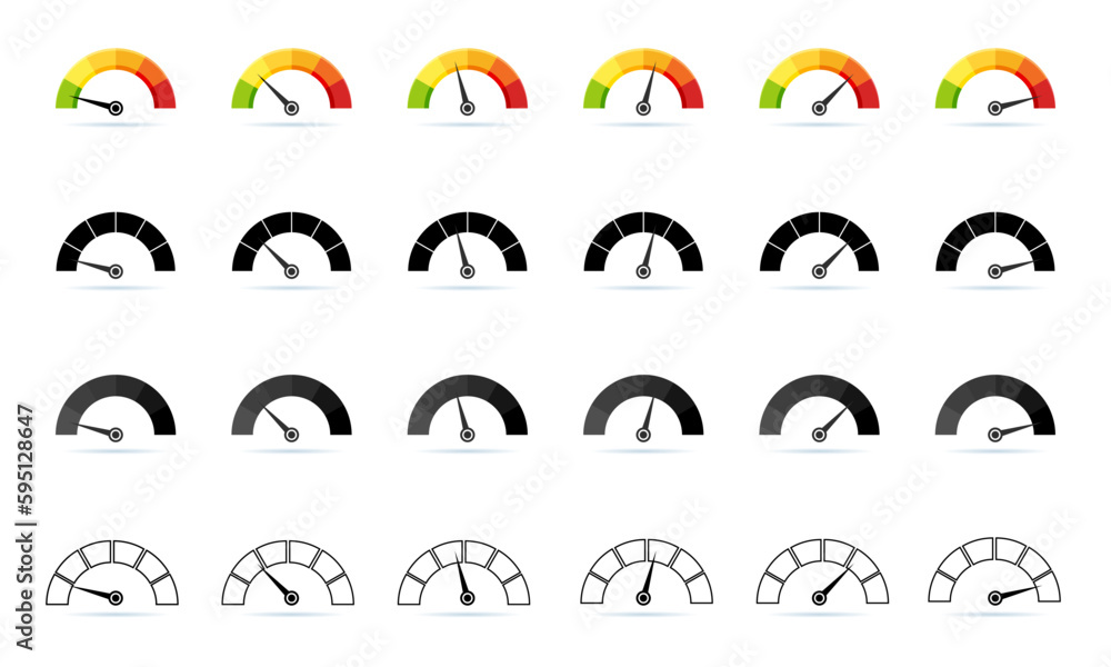 Poster sensor icons. isolated speedometer vector signs in color, grey, black, th line styles. risk level sc