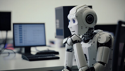 The robot sits in front of the computer. Generative AI