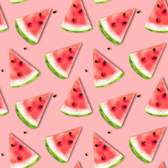 Seamless pattern, watermelon wallpaper with seeds, pink background