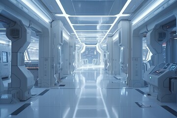 futuristic hallway filled with technology and machinery. Generative AI