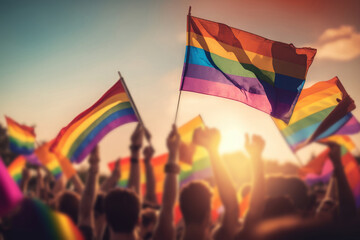 AI generated closeup rainbow flags of LGBT community blowing in wind at street of gay parade - obrazy, fototapety, plakaty
