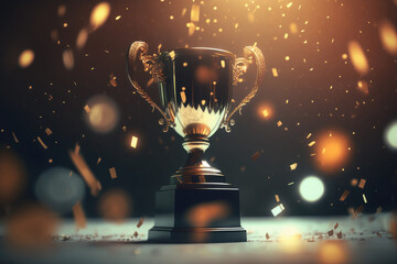 Golden champion trophy cup winner on blur bokeh dark lights background AI generated art