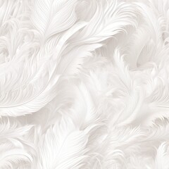 Elegant white feathers on white background seamless pattern