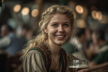 Fototapeta premium woman at oktoberfest with beer mug. Generative AI