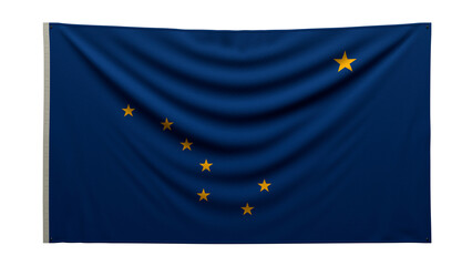 Textured flag. The flag of Alaska state hangs on the wall. Texture of dense fabric. The flag is pinned to the wall. Alaska flag on a 
transparent background. 3D render