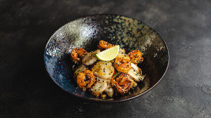 Eastern food. Noodles and shrimp with spicy sauce. Dark background.