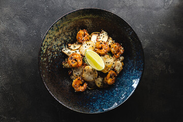 Eastern food. Noodles and shrimp with spicy sauce. Dark background.