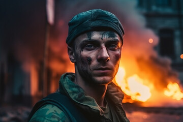 Fototapeta premium soldier in uniform in war zone, tired shocked or traumatic facial expression. Generative AI