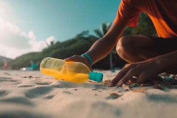 picking up plastic bottles cleaning the beach, fiction al location. Generative AI