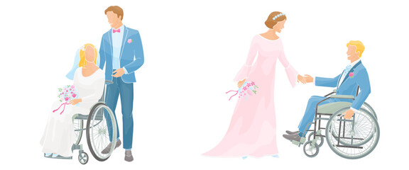 wedding ceremony for people with disabilities, bride and groom in wheelchairs, color vector illustration