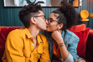 Naklejka premium love kiss and care, young adult man and woman, couple in relationship. Generative AI