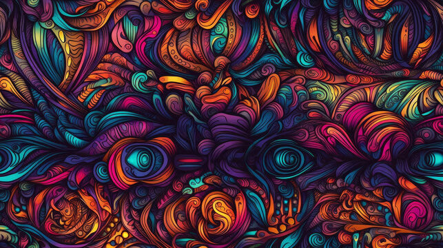 Seamless abstract colorful psytrance theme background. Generated AI