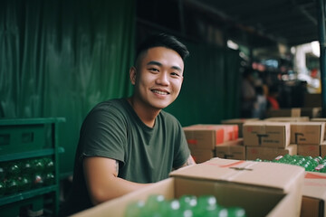 adult asian male stands in a small shop with plastic boxes, fictional location and business of a local retailer. Generative AI - obrazy, fototapety, plakaty