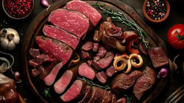 Various delicious grilled meat top view dolly shot