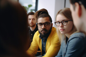 Fototapeta premium group team in teamwork, business people in suit at table indoor. Generative AI