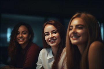 Obraz premium young adult women side by side, smiling and beaming good mood and joy, fun and entertainment in group, friends or team. Generative AI