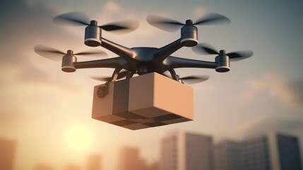 Delivery drone flying through the city, transporting packages. Airborne delivery and transportation. Generative AI