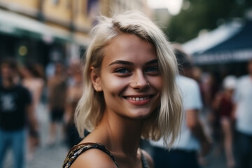 Obraz na płótnie Canvas young adult woman, blonde, outdoors on a street with other people in the background, in fine summer or spring weather, leisure and city life. Generative AI