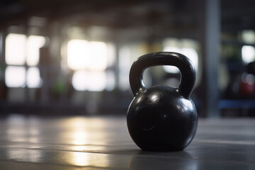 Naklejka na ściany i meble An empty gym awaits, its kettlebell poised for the next workout, embodying the dedication and strength required for a fitness journey and pursuit of a healthier lifestyle. Generative AI.